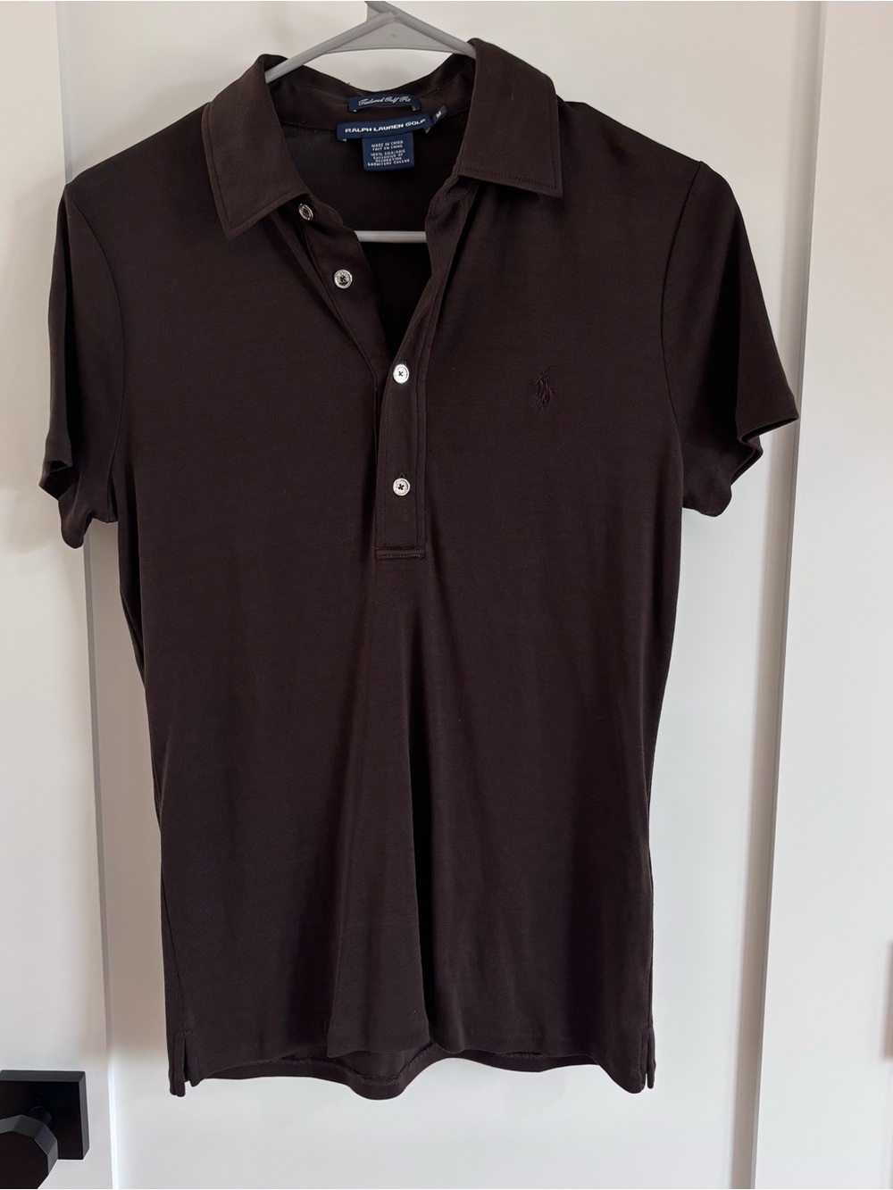 Ralph Lauren Golf Women’s M 100% Silk Brown Polo Shirt Tailored Fit